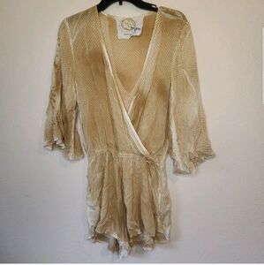 BLUE LIFE Women's Tan Tie Dye Romper V Neck Flowy Size Medium